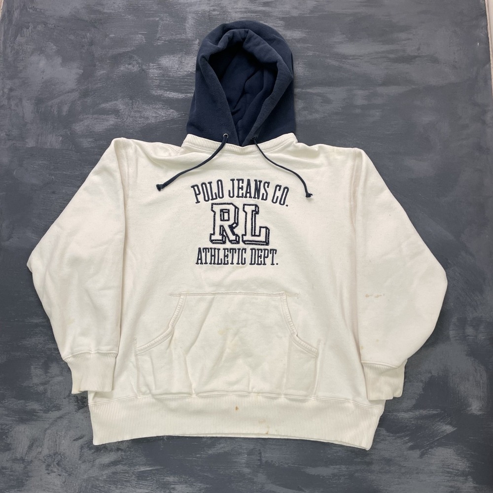 Vintage Graphic Pullover Hoodie Men XXL White 1990s Polo Ralph Lauren